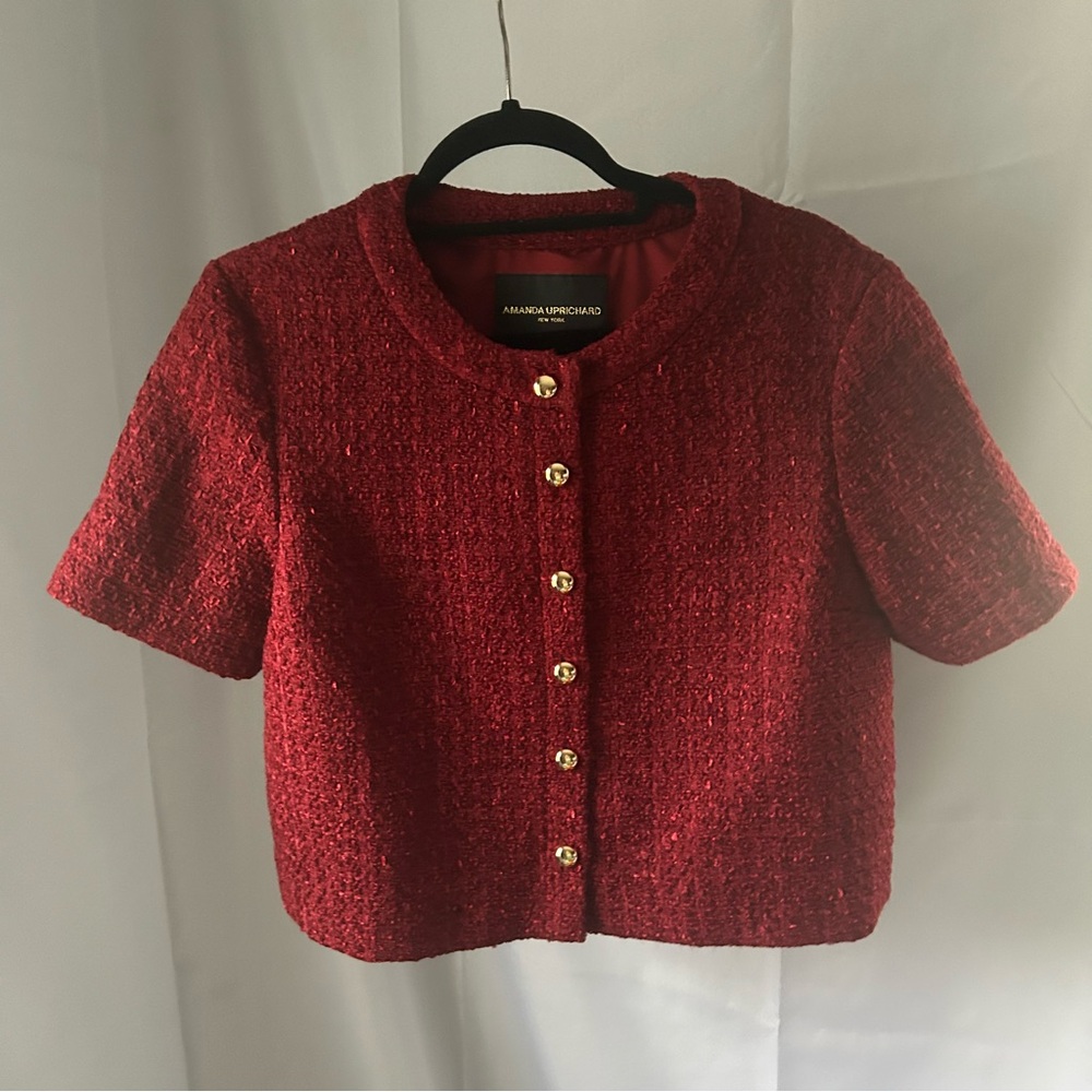 Amanda Uprichard Burgundy Tweed Jacket with Gold Buttons